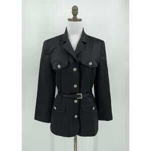 Rickie Freeman T.J. Nites Black Satin Collared Crystal Buttons Blazer Jacket 8